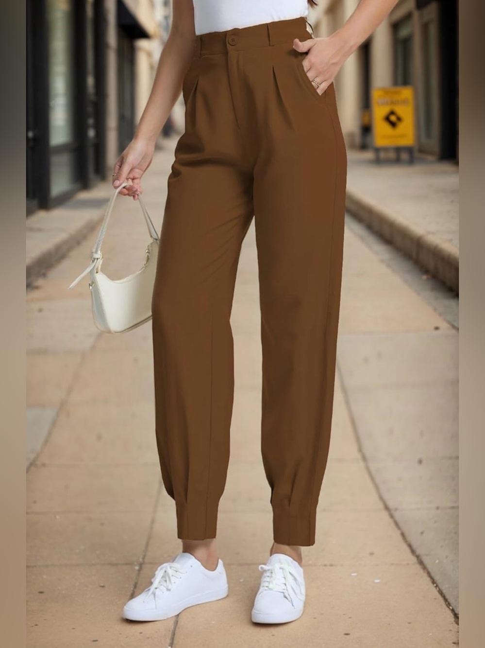 High-Waist Pleated Tapered Pants - Brown